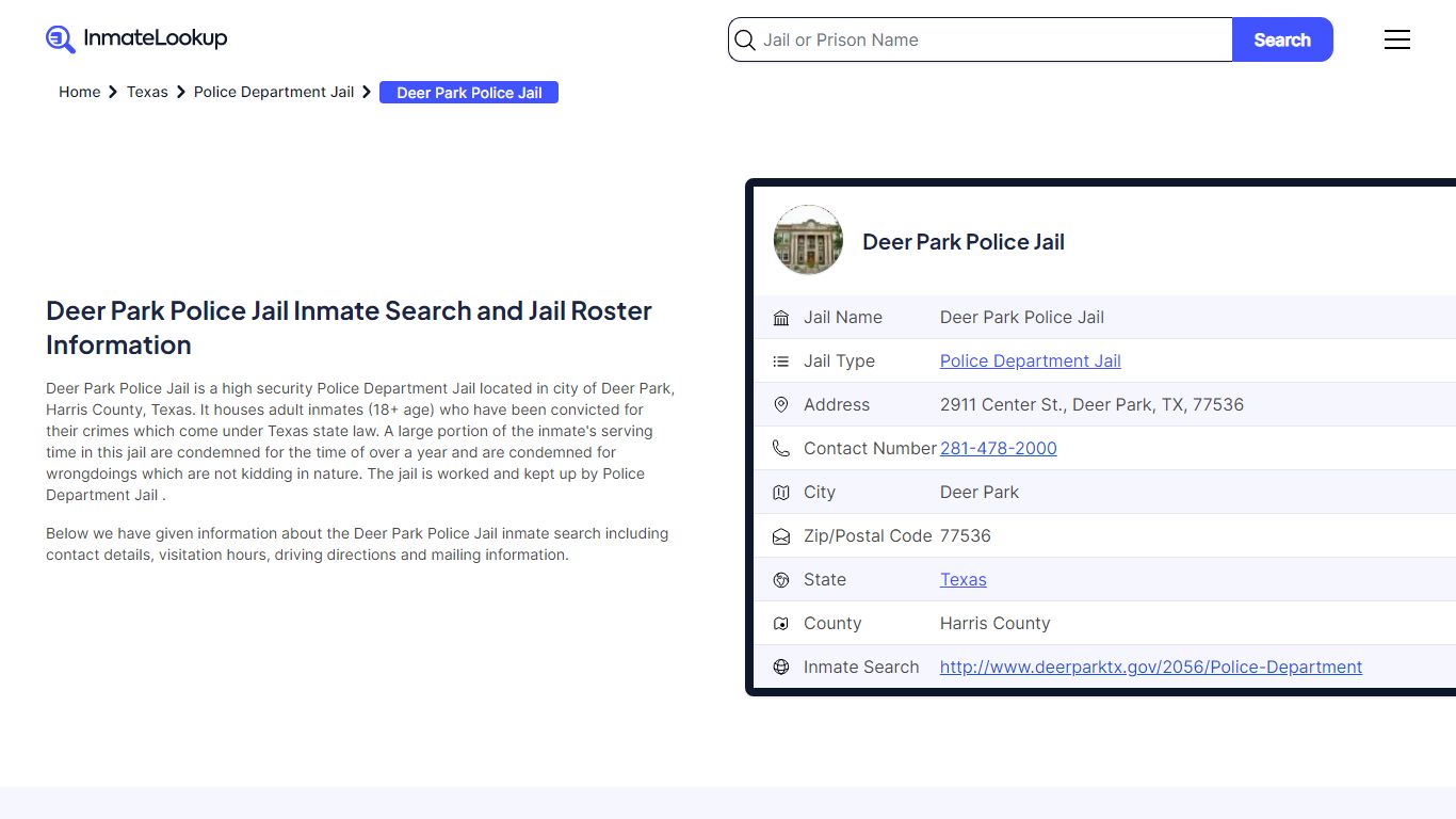 Deer Park Police Jail Inmate Search and Jail Roster Information