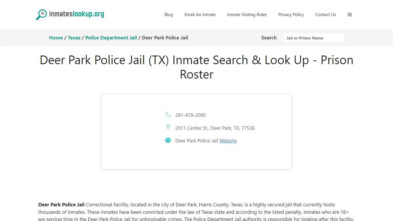 Deer Park Police Jail (TX) Inmate Search & Look Up - Prison Roster