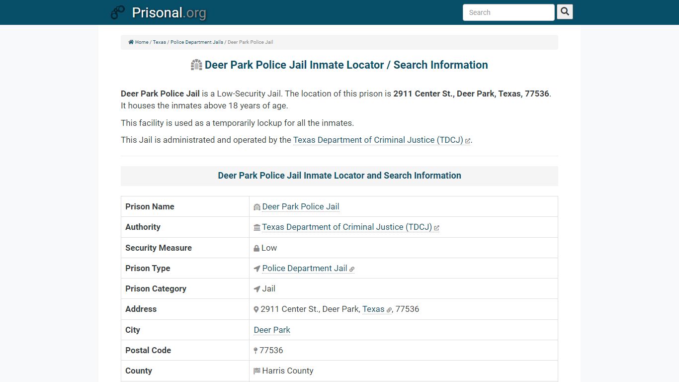 Deer Park Police Jail Inmate Locator / Search Information